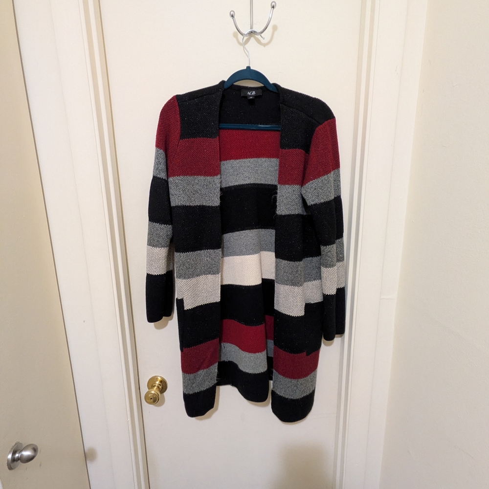 AGB Striped Open Front Cardigan Size Medium Red Black Gray Long Duster Sweater